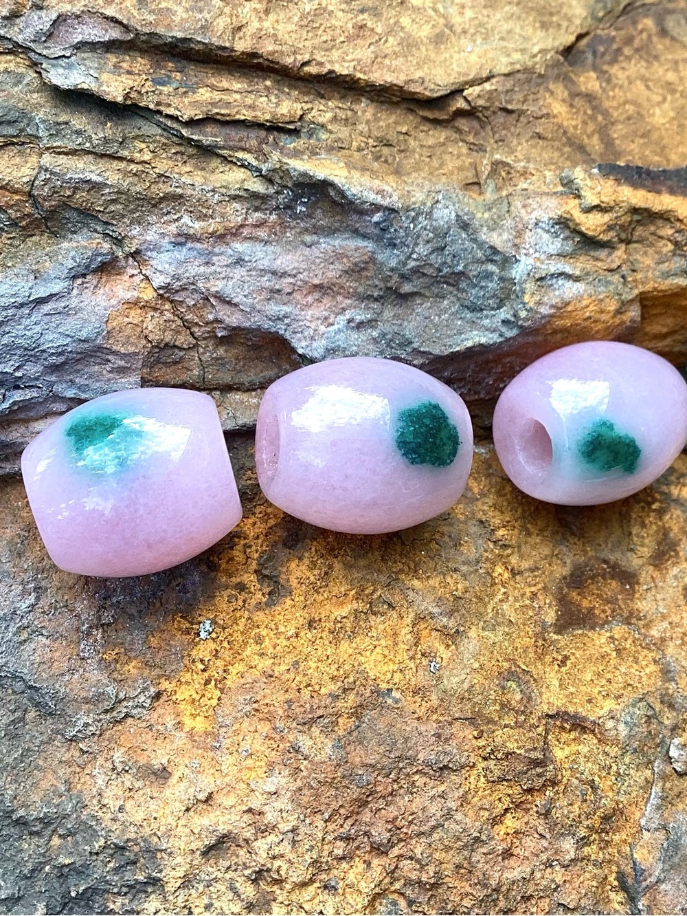 3 Pink and Green Jade Beads, NWT, 13mmx13mm, Drilled